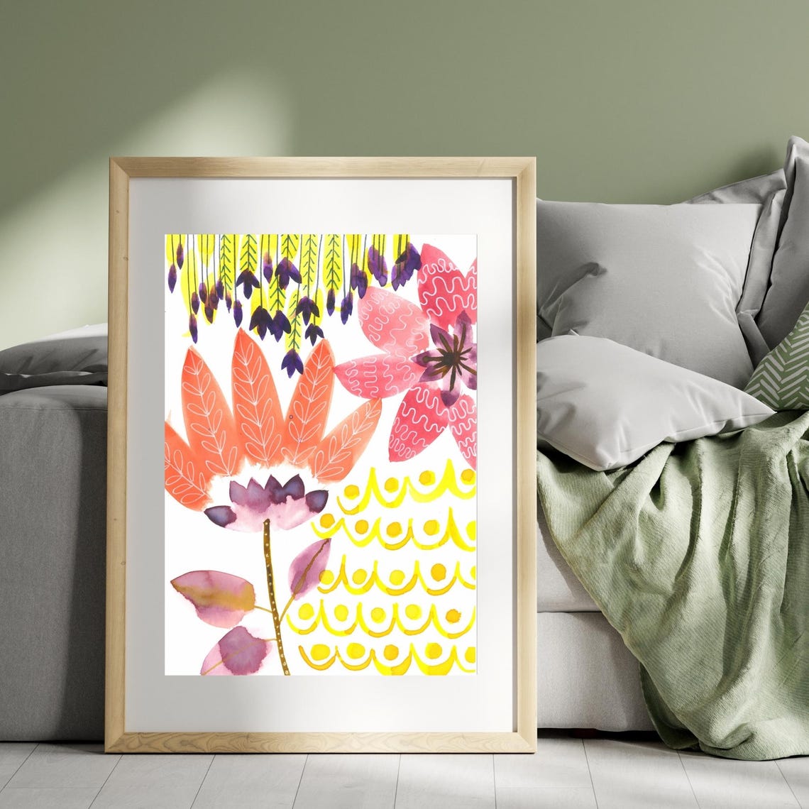 Bright Coral and Purple Whimsical Floral Pattern Cheerful Art Poster - Image 2