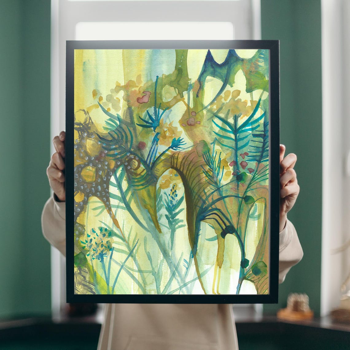 Sage Green Watercolor Abstract with Curled Botanical Forms Poster - Image 3