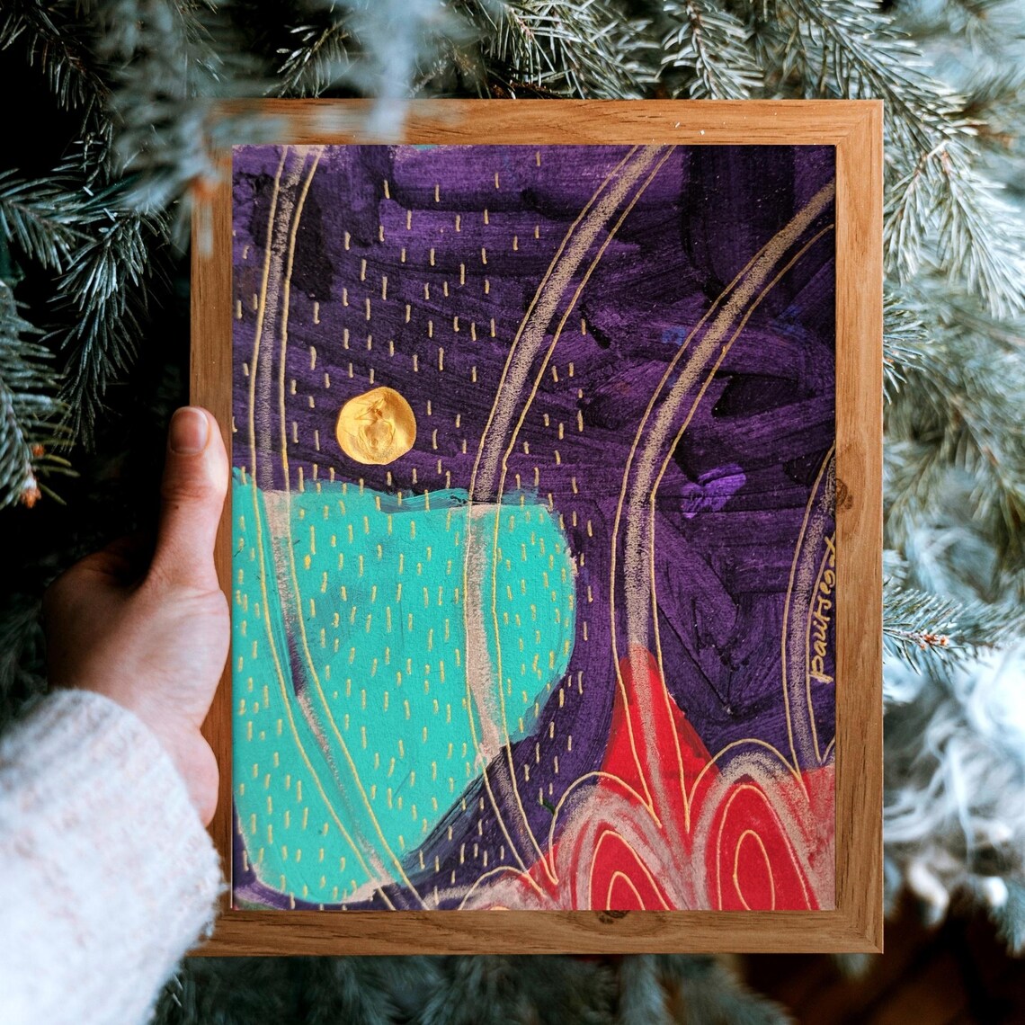 Gold Moon over Purple Night Sky Abstract Cosmic Swirls Art Poster - Image 2