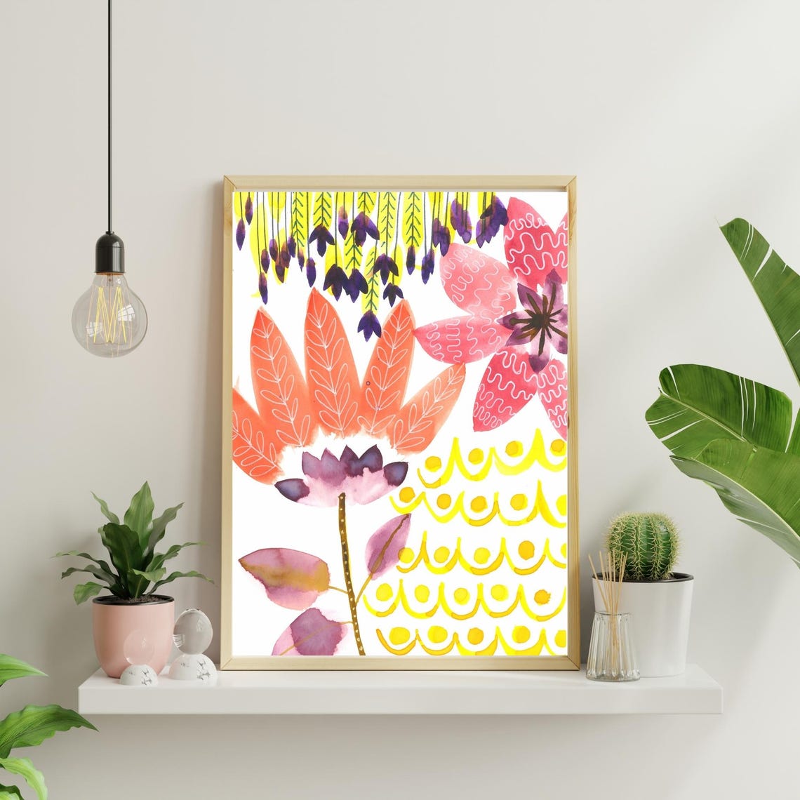 Bright Coral and Purple Whimsical Floral Pattern Cheerful Art Poster - Image 3