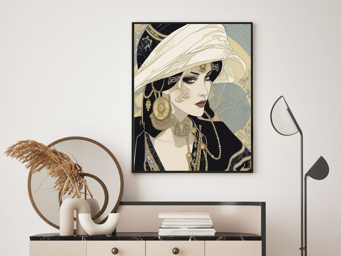 Turbaned Woman With Heavy Gold Jewelry Art Nouveau Style Profile Print - Image 3