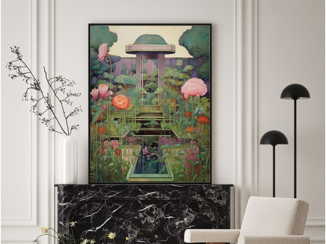 Frank Lloyd Wright Style Garden Pagoda Lotus Pond Design Wall Art - Image 2