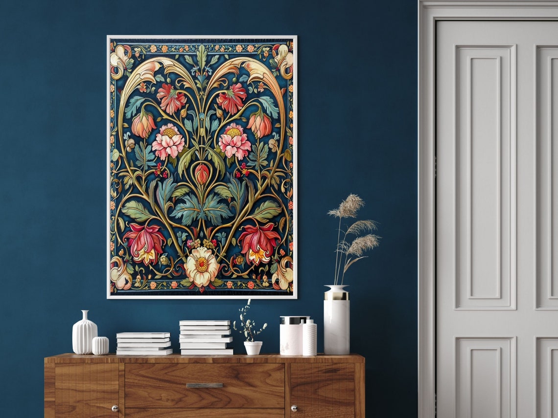 Heart Shaped Floral Tapestry In William Morris Style On Navy Wall Art - Image 4