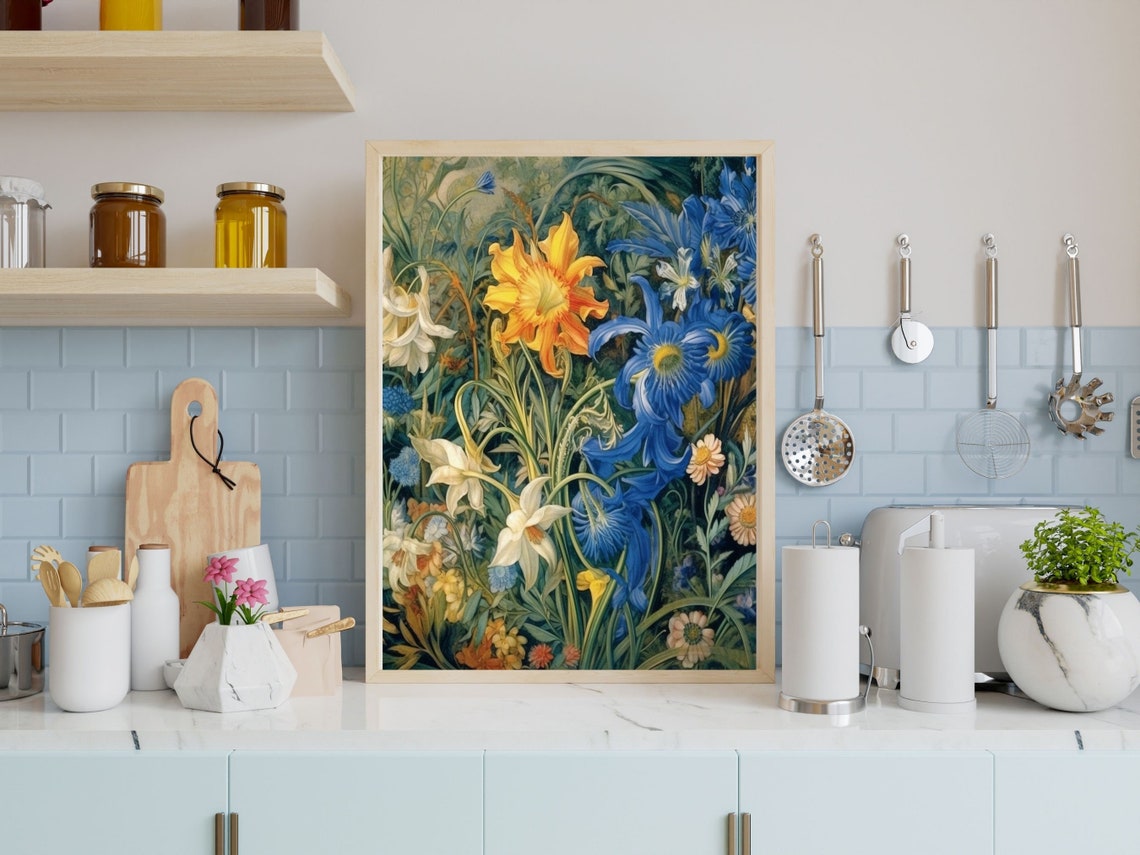 Blue Irises White Lilies Golden Daffodil Botanical Flower Wall Art - Image 5