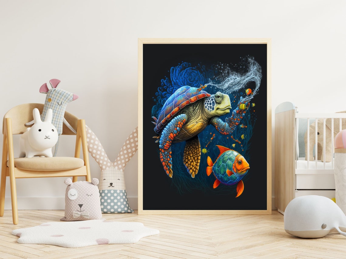 Playful Sea Turtle and Tropical Fish on Black Party Wall Poster - Image 2