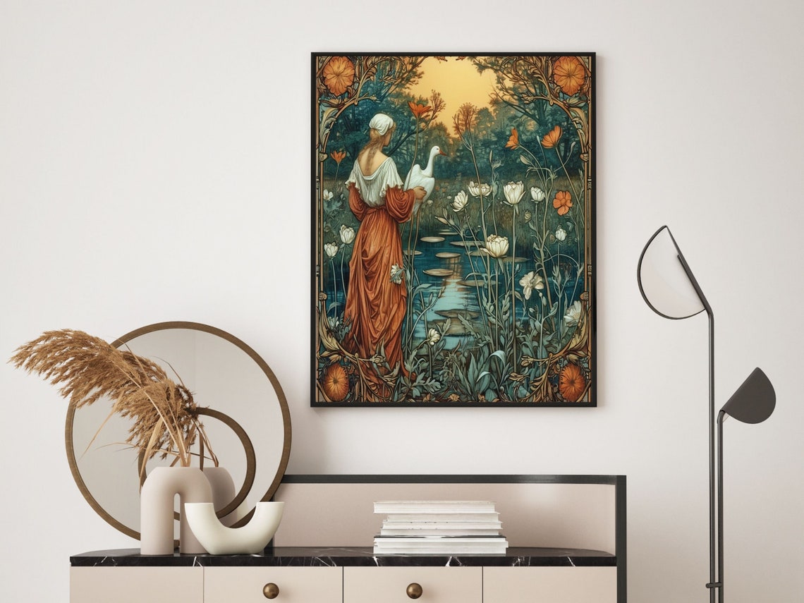 Art Nouveau Wall Art Of Woman And Goose Poster Of Art Nouveau Pond Large Wall Art Nouveau Print - Image 6