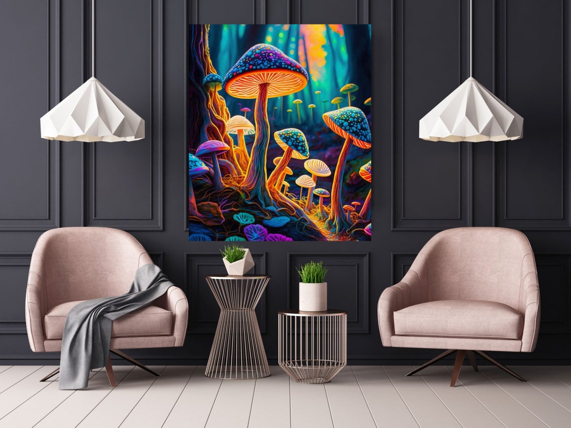 Neon Psychedelic Mushroom Forest With Glowing Blue Spotted Caps Poster - Image 2