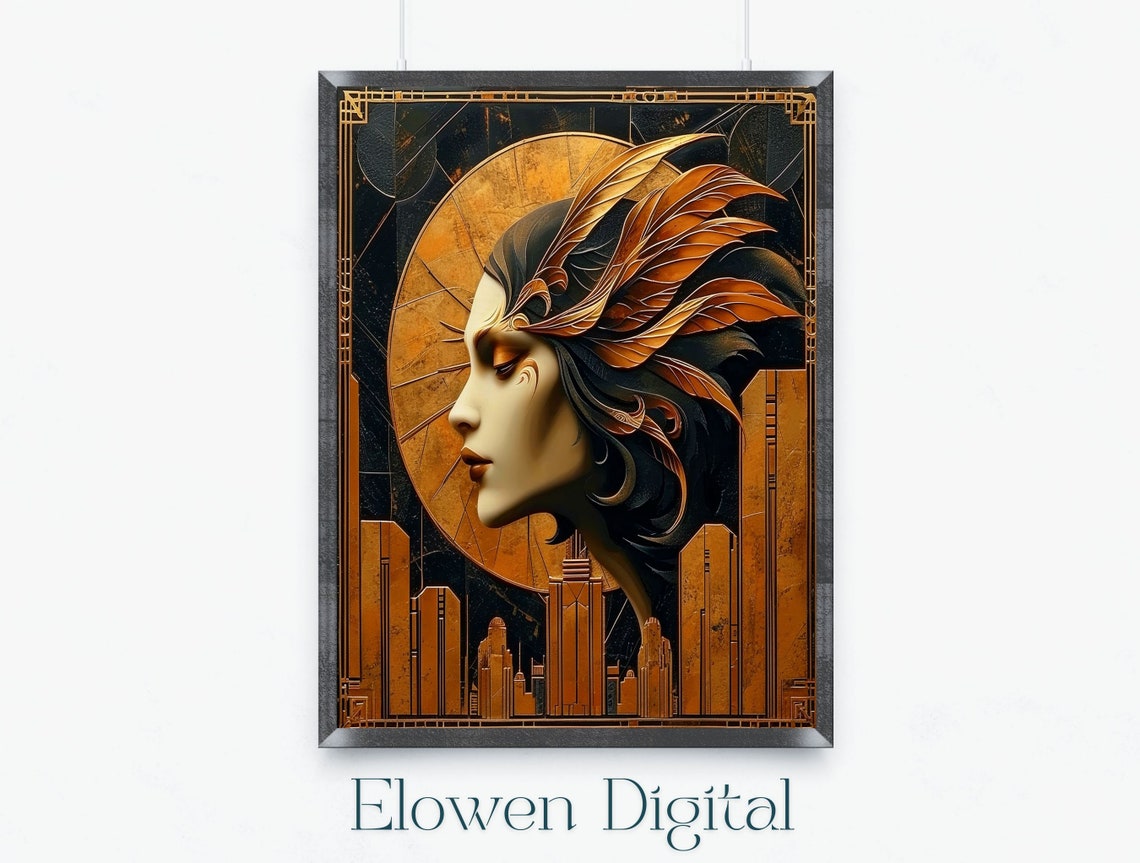 Art Deco Woman Profile With Feather Headdress Over City Poster