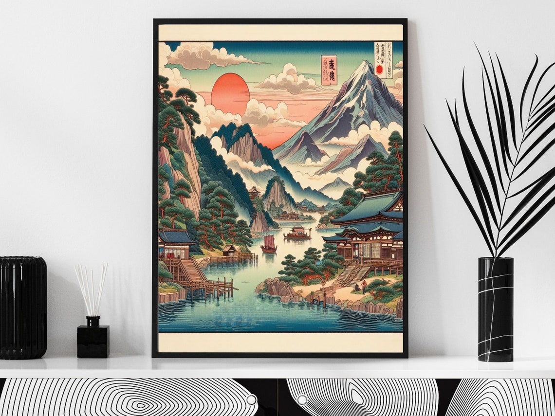 Japanese Ukiyo-e Red Sun Mountain River Village Landscape Wall Art - Image 3