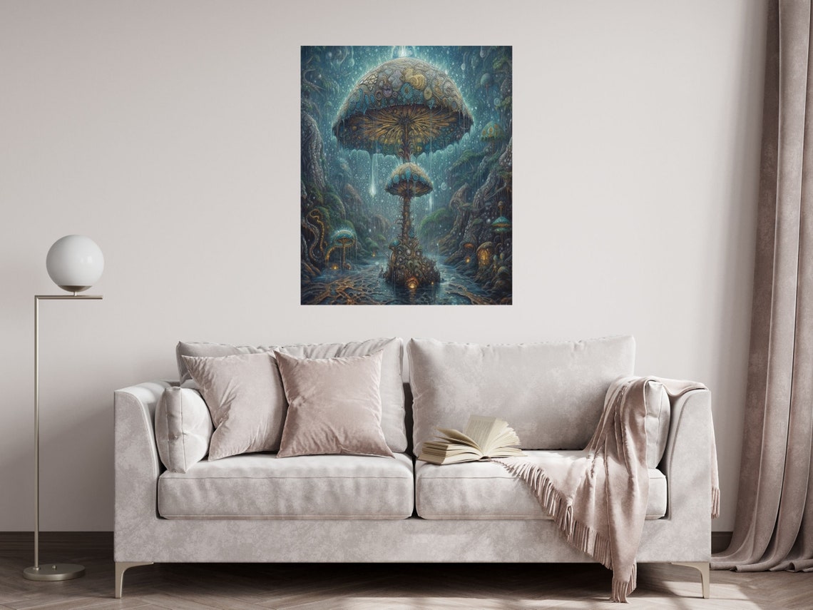 Giant Glowing Magic Mushroom In The Rain Dark Indigo Forest Wall Art - Image 4