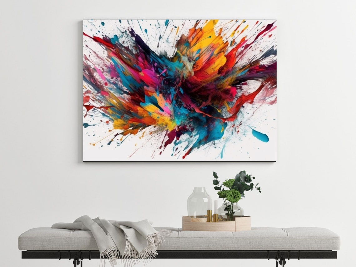 Vibrant Abstract Paint Splash Explosion Art Print in Red and Teal