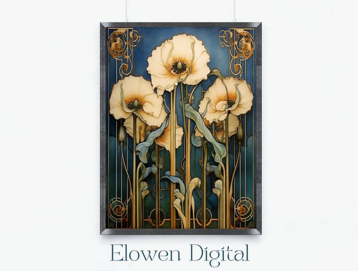 Art Nouveau Pale Poppies On Deep Blue Floral Design Wall Art