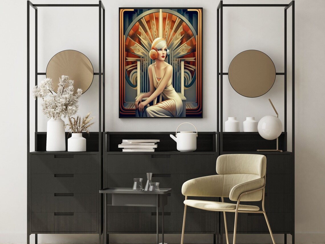 Art Deco Woman in Silver Gown Golden Sunburst 1920s Fashion Poster - Image 6