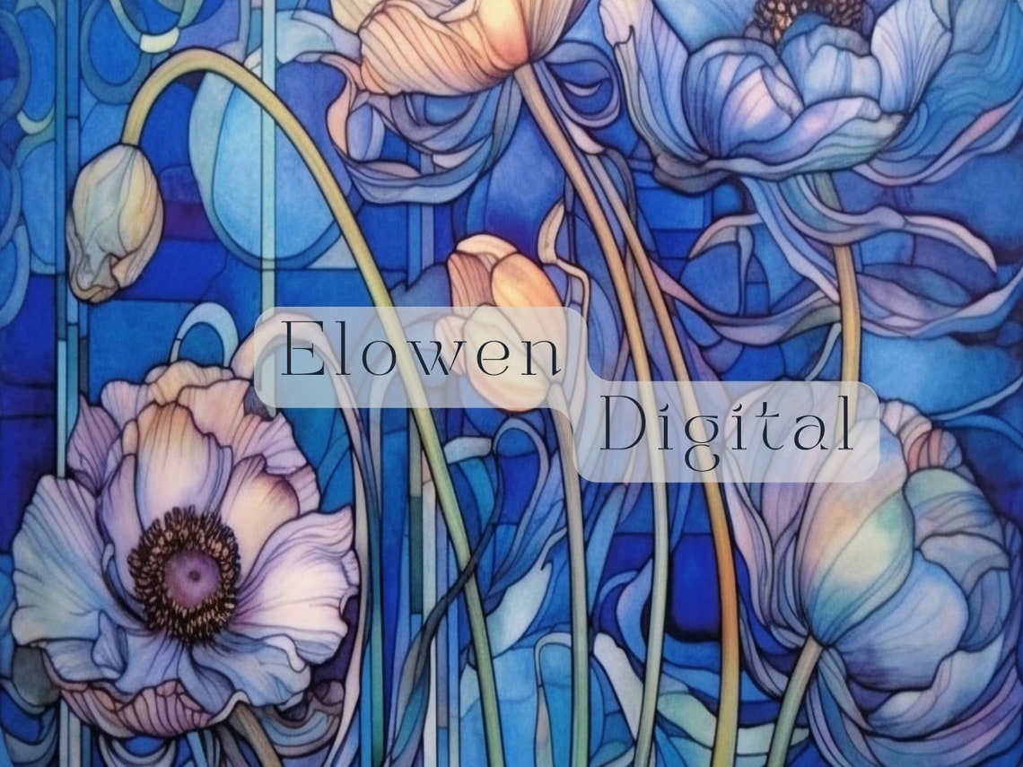 Art Nouveau Blue Poppies Stained Glass Style Floral Wall Art - Image 3