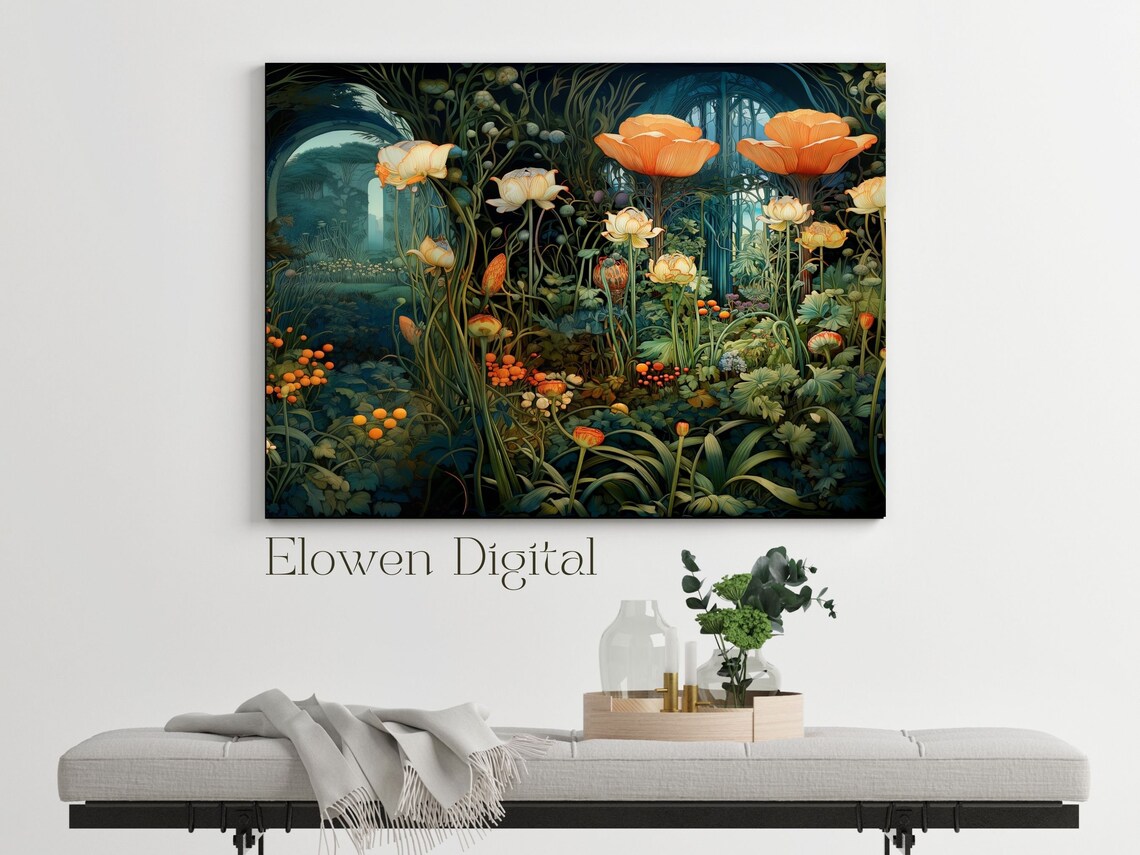 Art Nouveau Pond Flowers With Orange Poppies at Night Poster