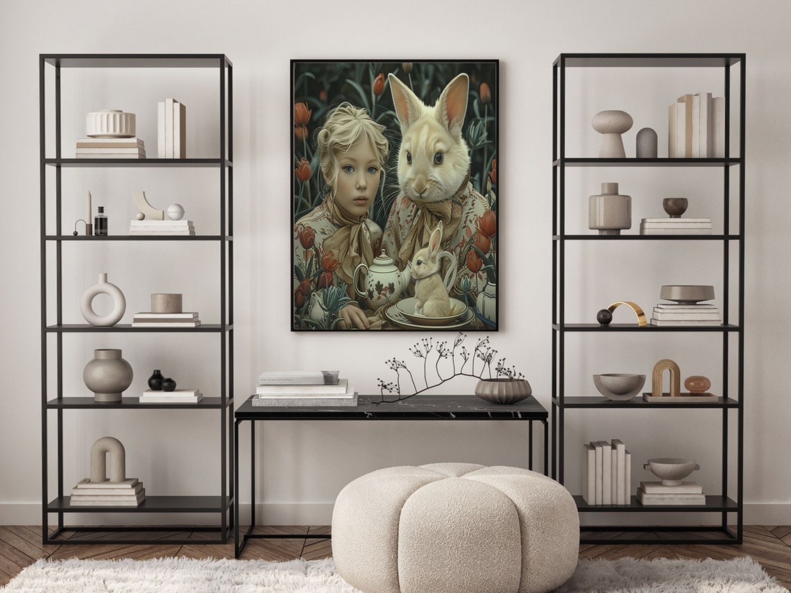 Blonde Girl And Tall White Rabbit Tulip Garden Tea Party Wall Art - Image 3
