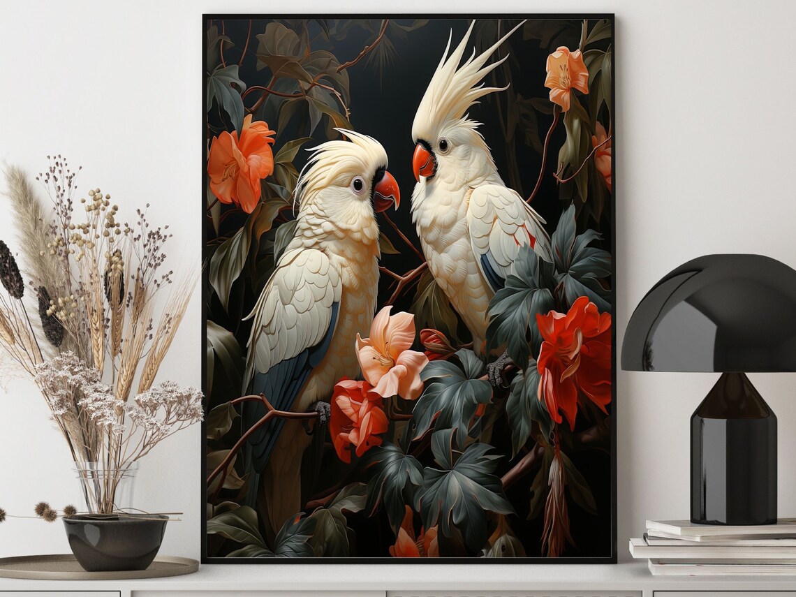 Two White Cockatoos Face To Face Among Bright Tropical Blooms Wall Art - Image 6