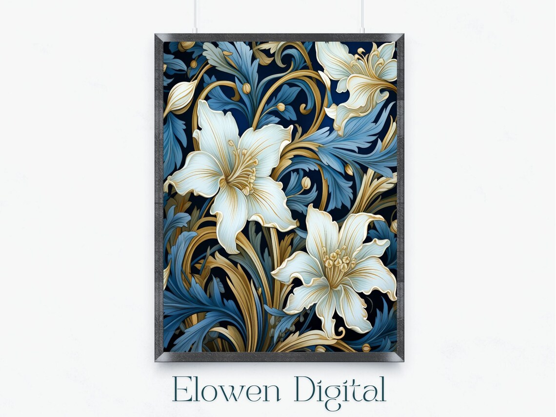 Art Nouveau White Lilies on Deep Navy with Golden Vines Poster