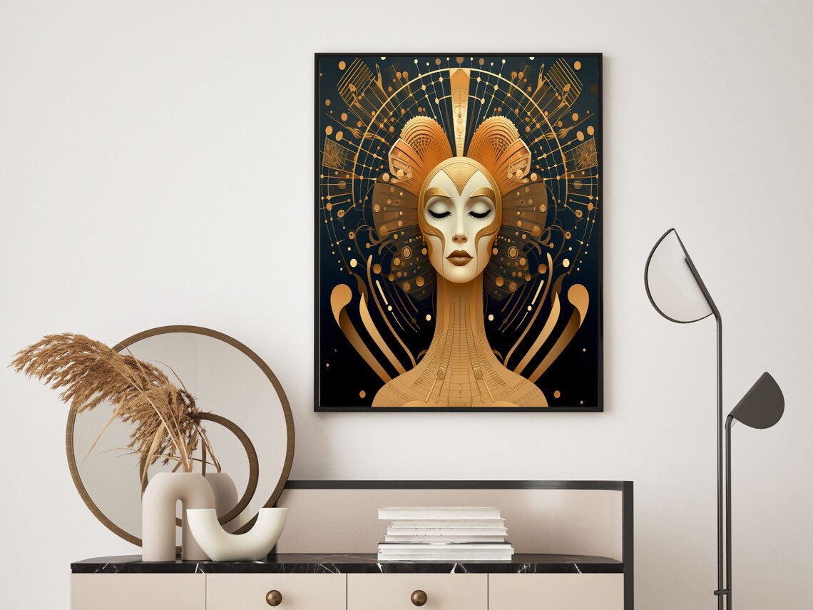 Golden Art Deco Woman Portrait with Radiant Sunburst Art Poster - Image 4