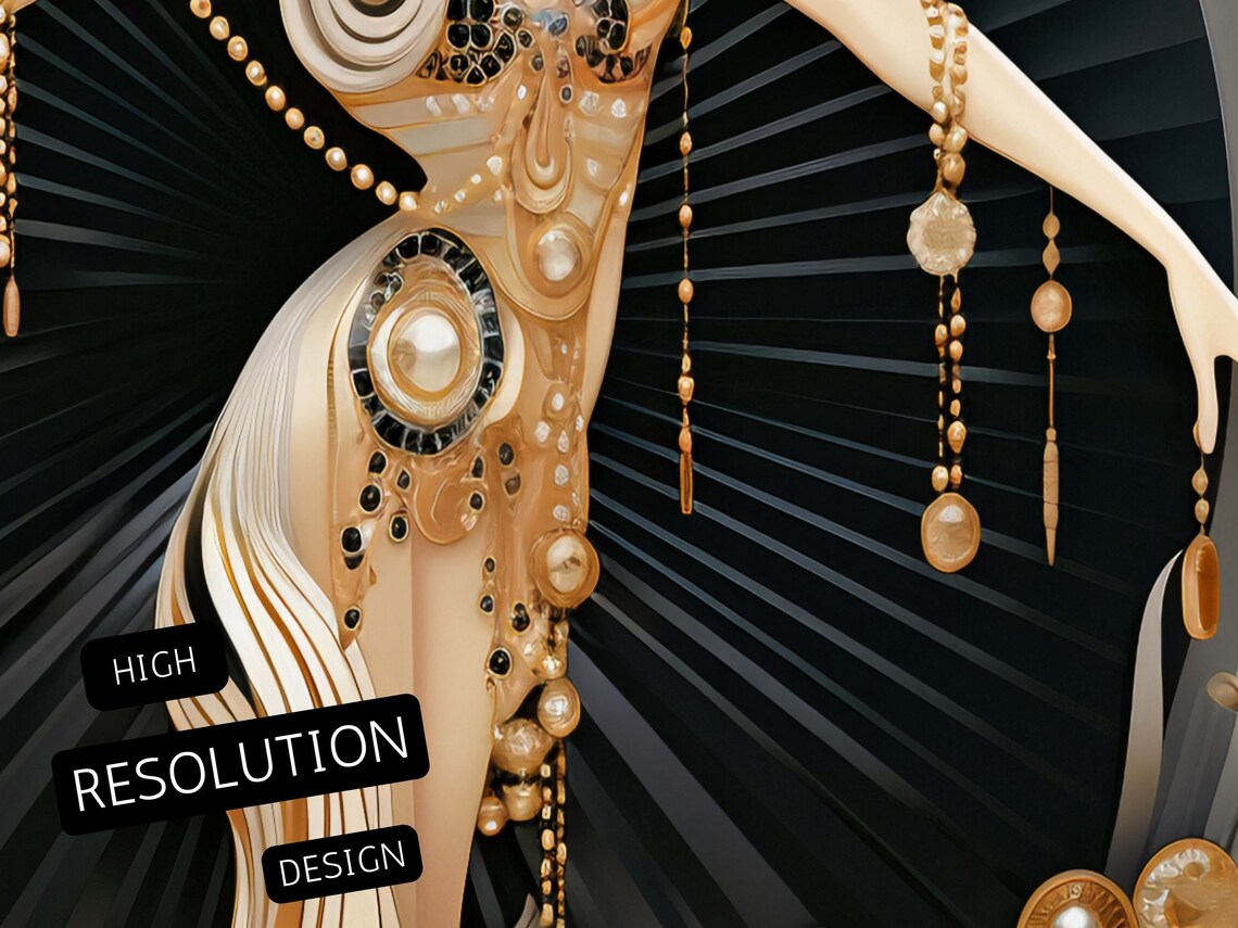 Elegant Art Deco Dancer In White And Gold Beaded Gown Swirling Print - Image 3