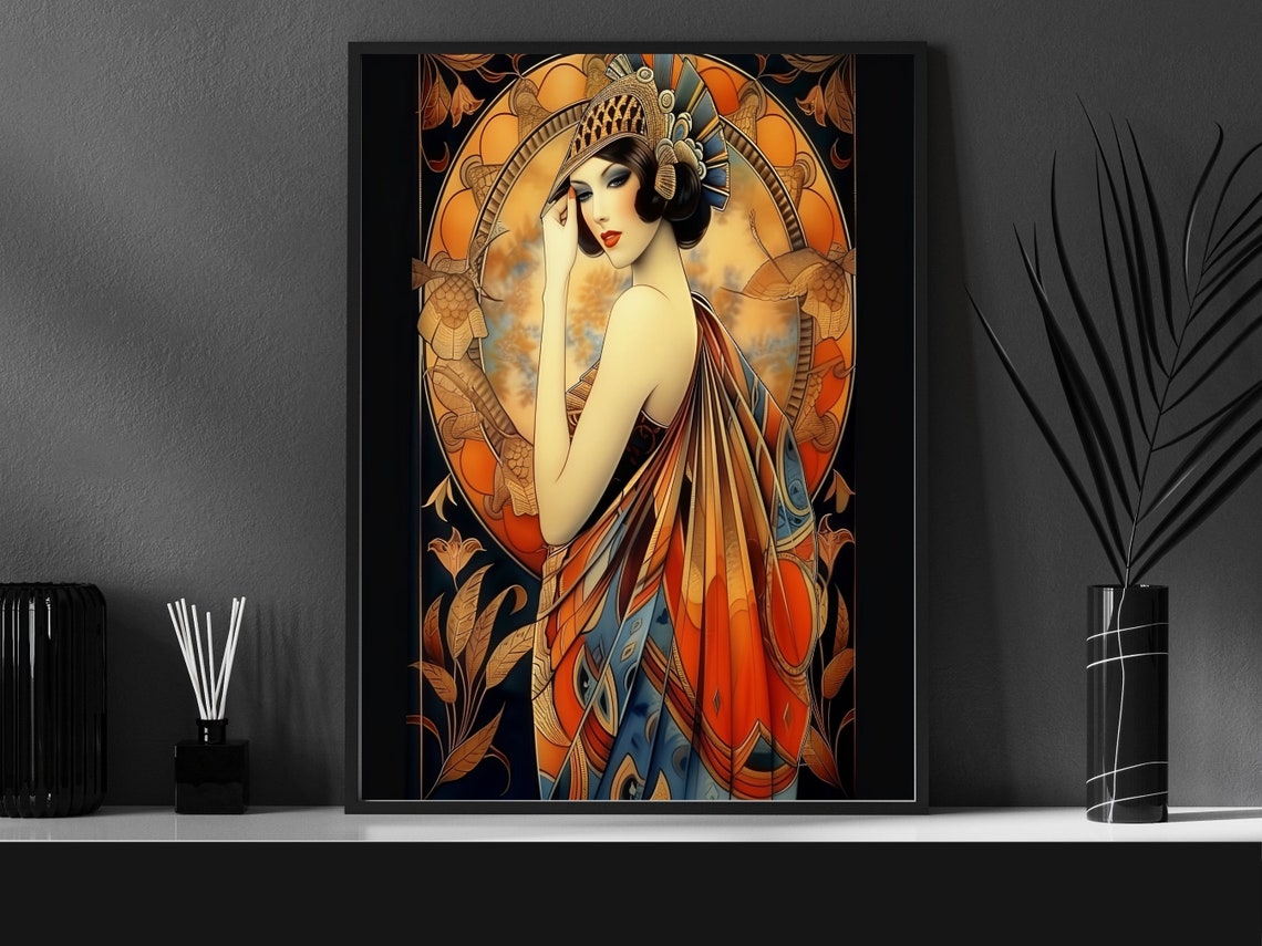 Art Deco Woman In An Erte Red Gown Wall Art Of Woman In Flame Erte Gown Vintage Fashion Erte Gown With Art Deco Decor - Image 3