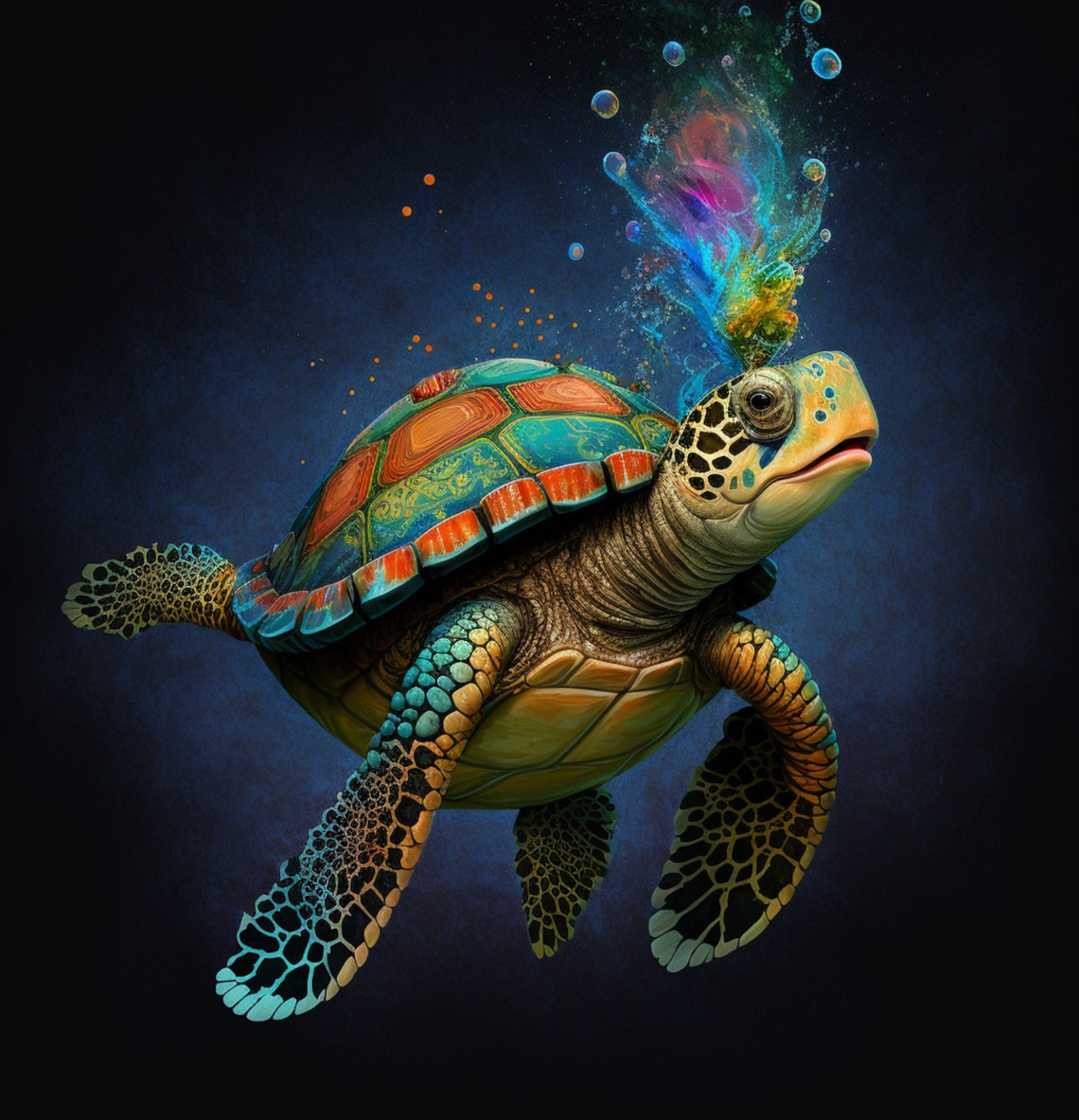 Colorful Sea Turtle with Rainbow Bubble Burst on Dark Poster - Image 2