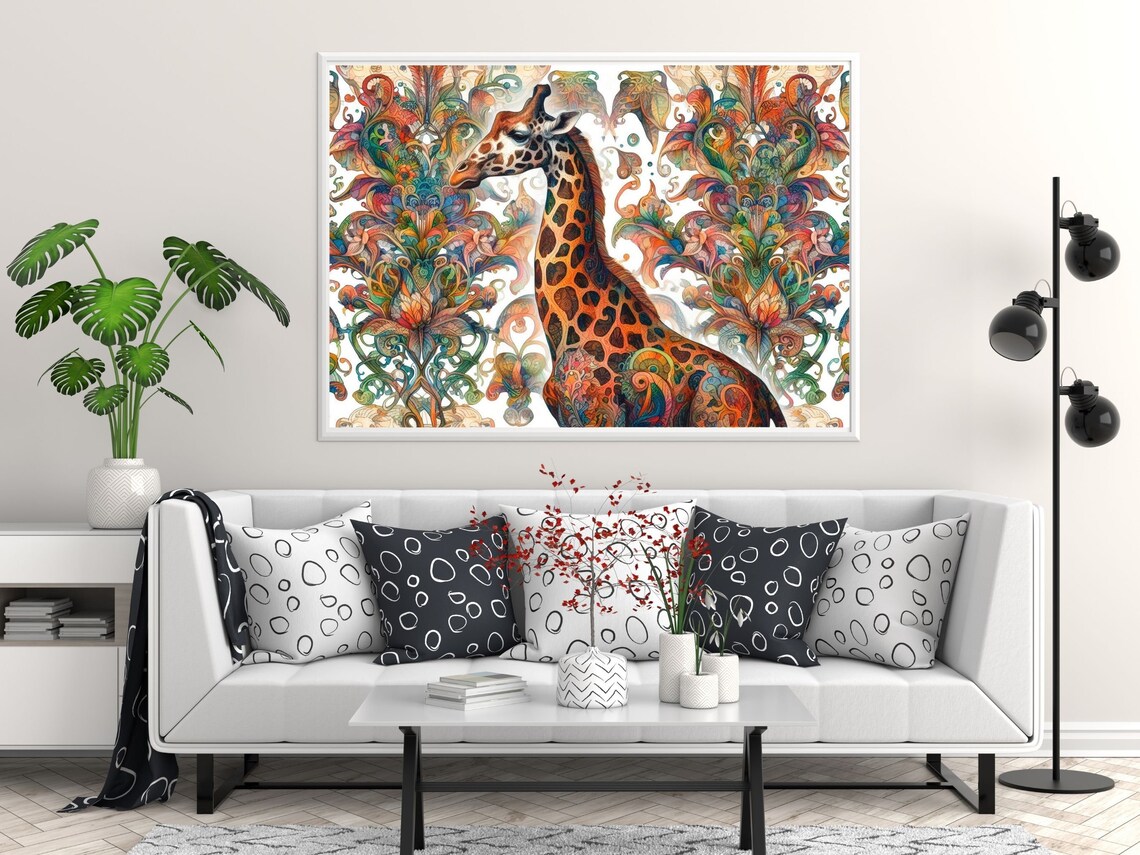 Giraffe Portrait with Vibrant Rainbow Paisley Floral Background Poster - Image 3