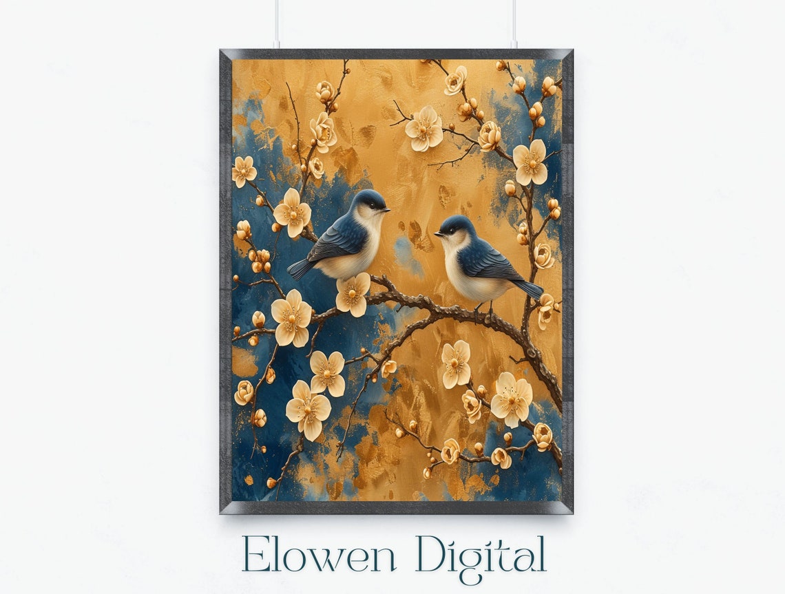 Refined Chinoiserie Blue Birds Blossom Branch Gold Blue Wall Art