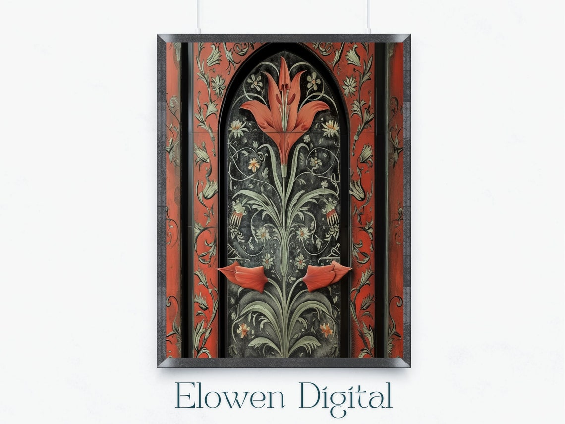 Art Deco Red Lily in Gothic Arch with Morris Pattern Wall Poster