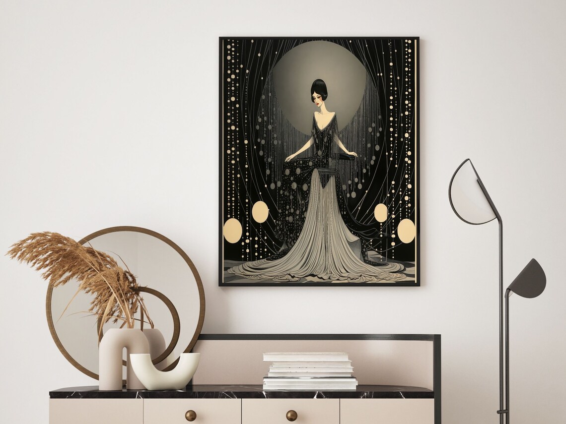 Art Deco Woman in Black Gown Under a Moonlit Night Sky Poster - Image 5