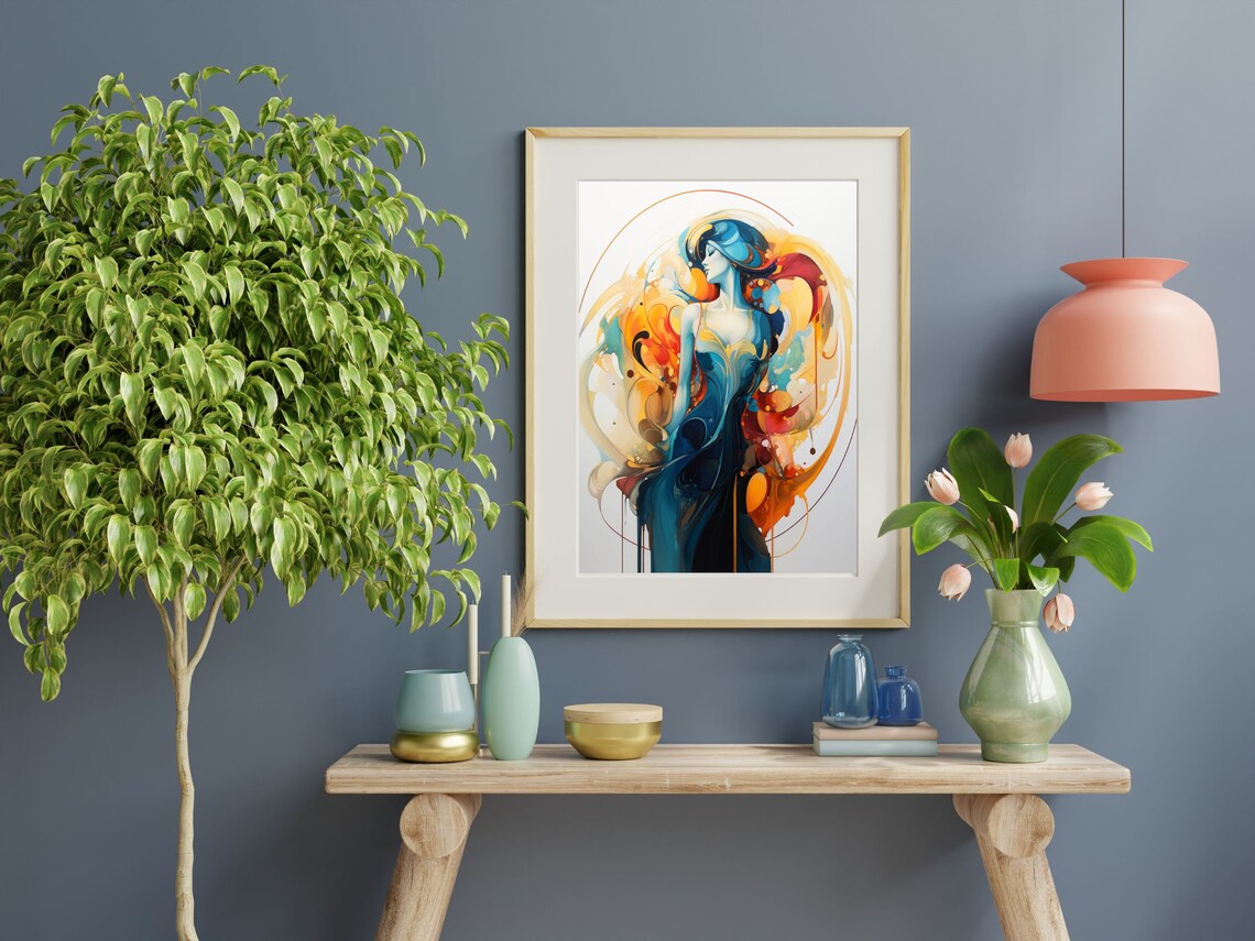 Art Nouveau Woman in Swirling Blue and Flame Orange Wall Poster - Image 6