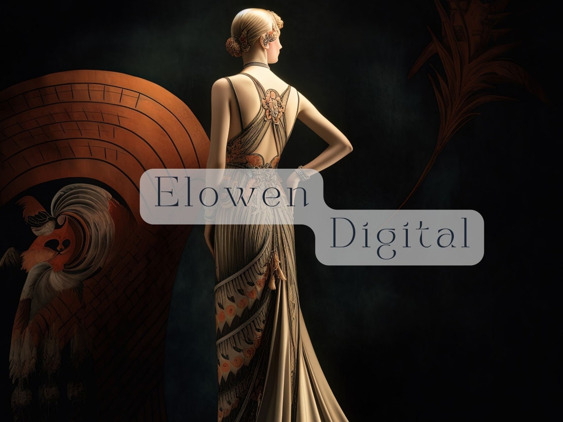Art Deco Woman From Behind in Champagne Beaded Gown With Train Poster - Image 6