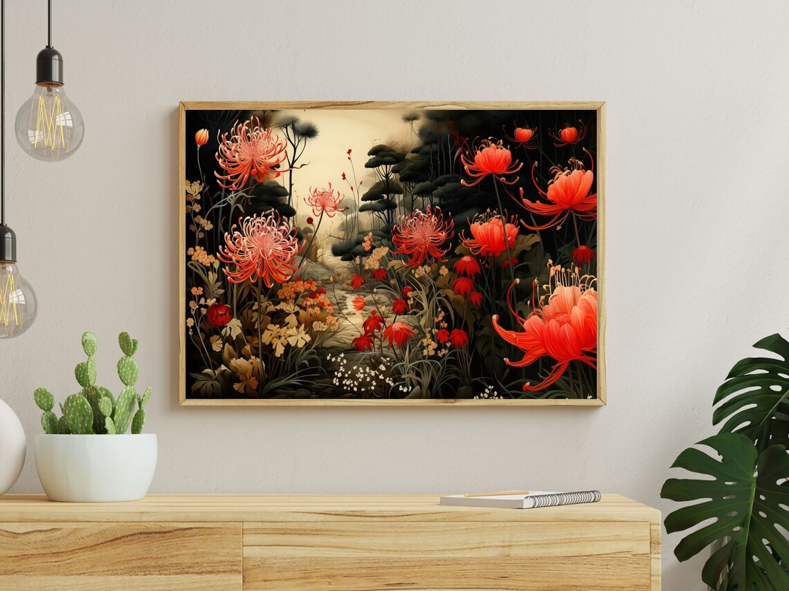 Japanese Style Red Chrysanthemums In Dark Moody Garden Poster - Image 3