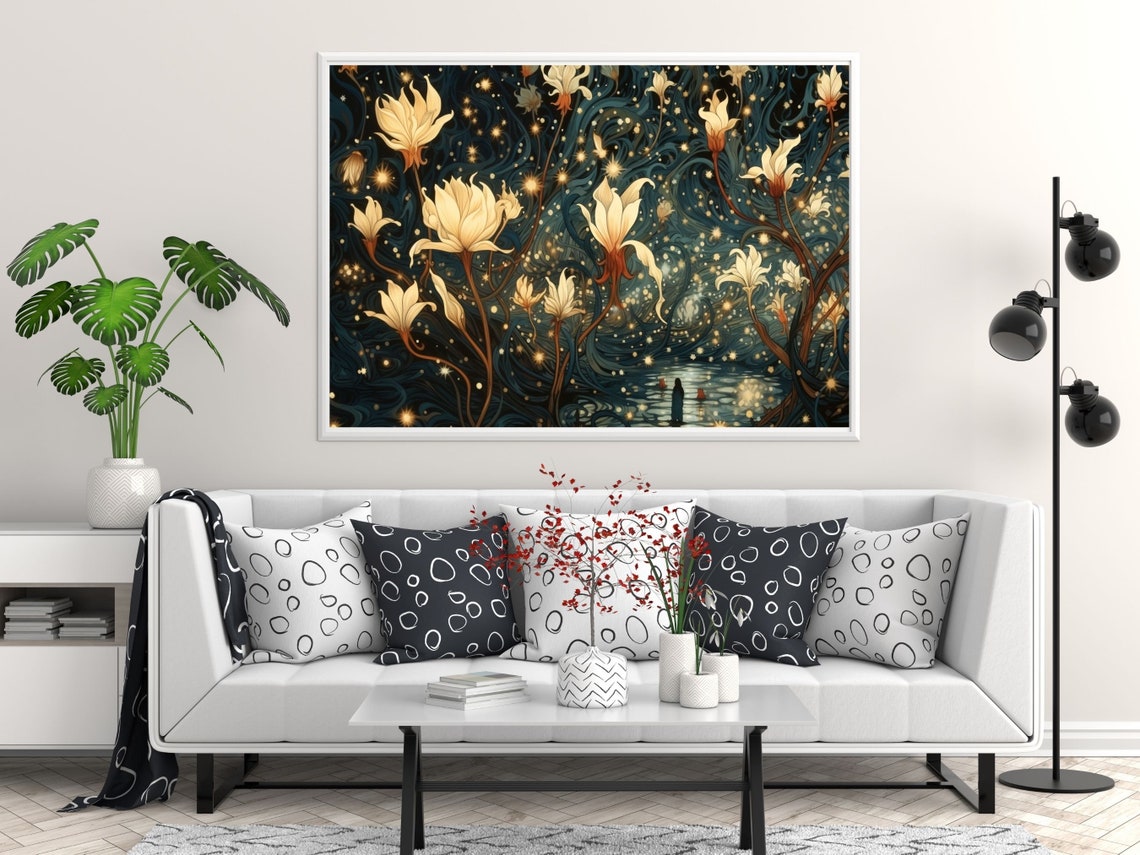 White Night Blooming Lilies Midnight Blue Starry Sky Wall Art - Image 3