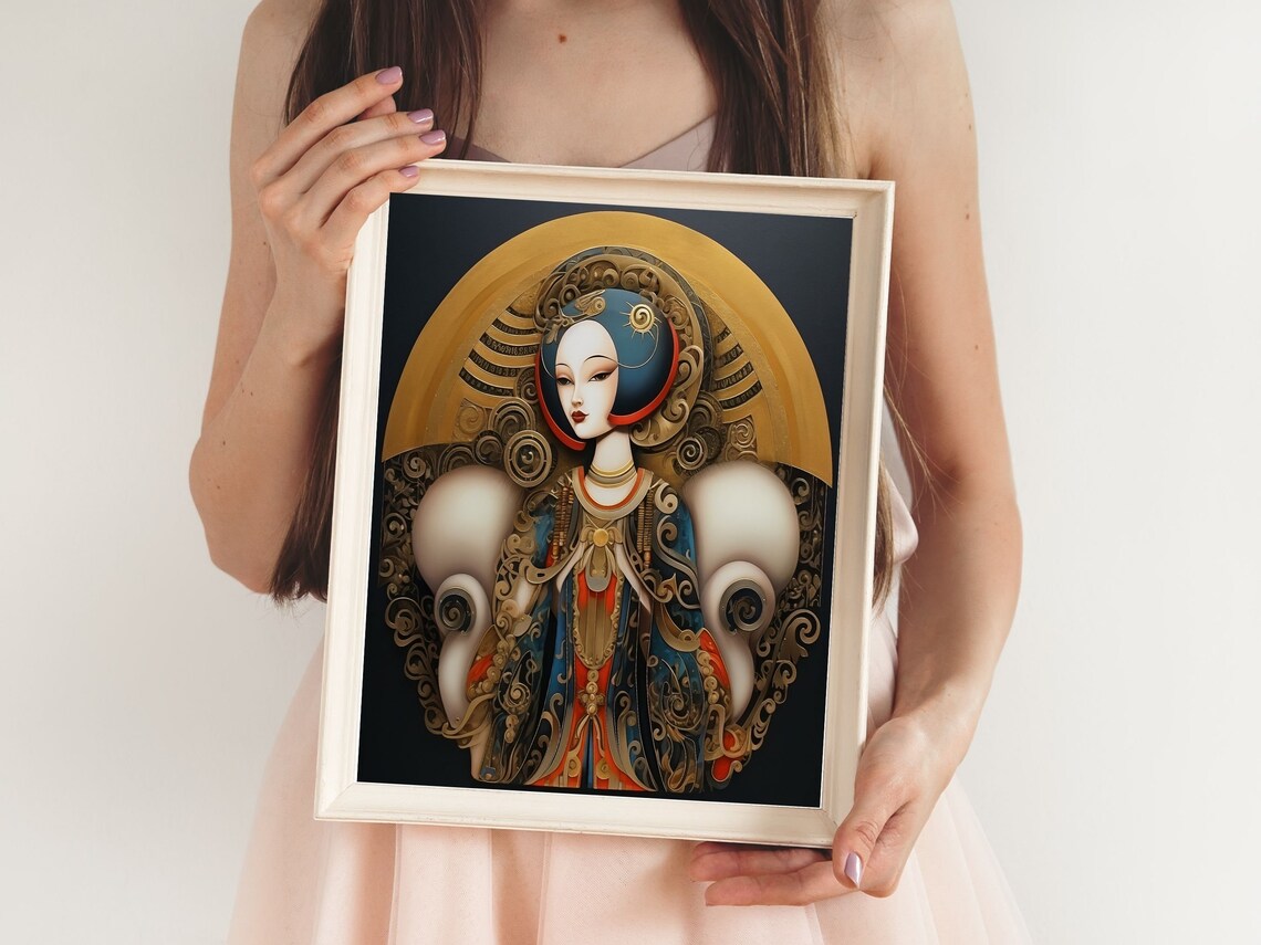 Ornate Art Deco Lady with Golden Halo Robe on Black Art Poster - Image 5