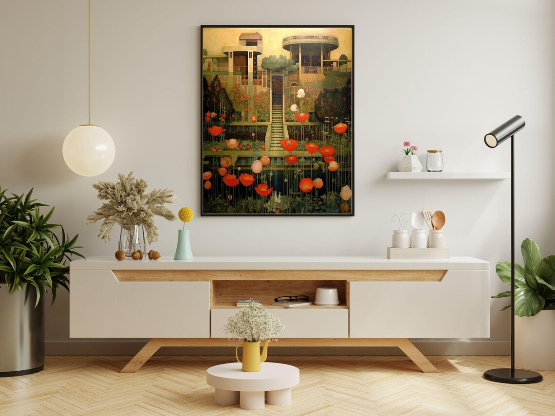 Art Deco Villa with Red Poppy Flower Garden Architectural Art Poster - Image 5