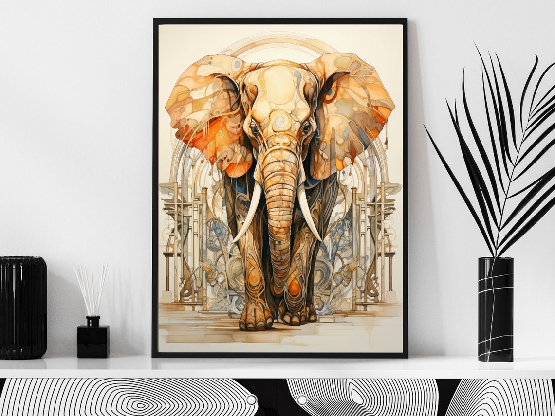 African Elephant Facing Forward Watercolor Safari Scene Wall Art - Image 5