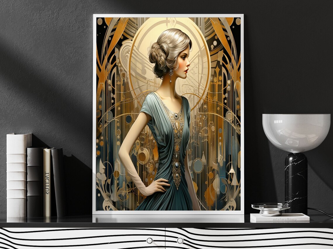 Art Deco Lady in Sage Green Gown with Golden Jeweled Bodice Poster - Image 4