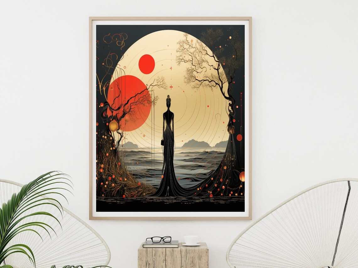 Art Nouveau Silhouette Woman Before Red Sun And Moonlight Poster - Image 2