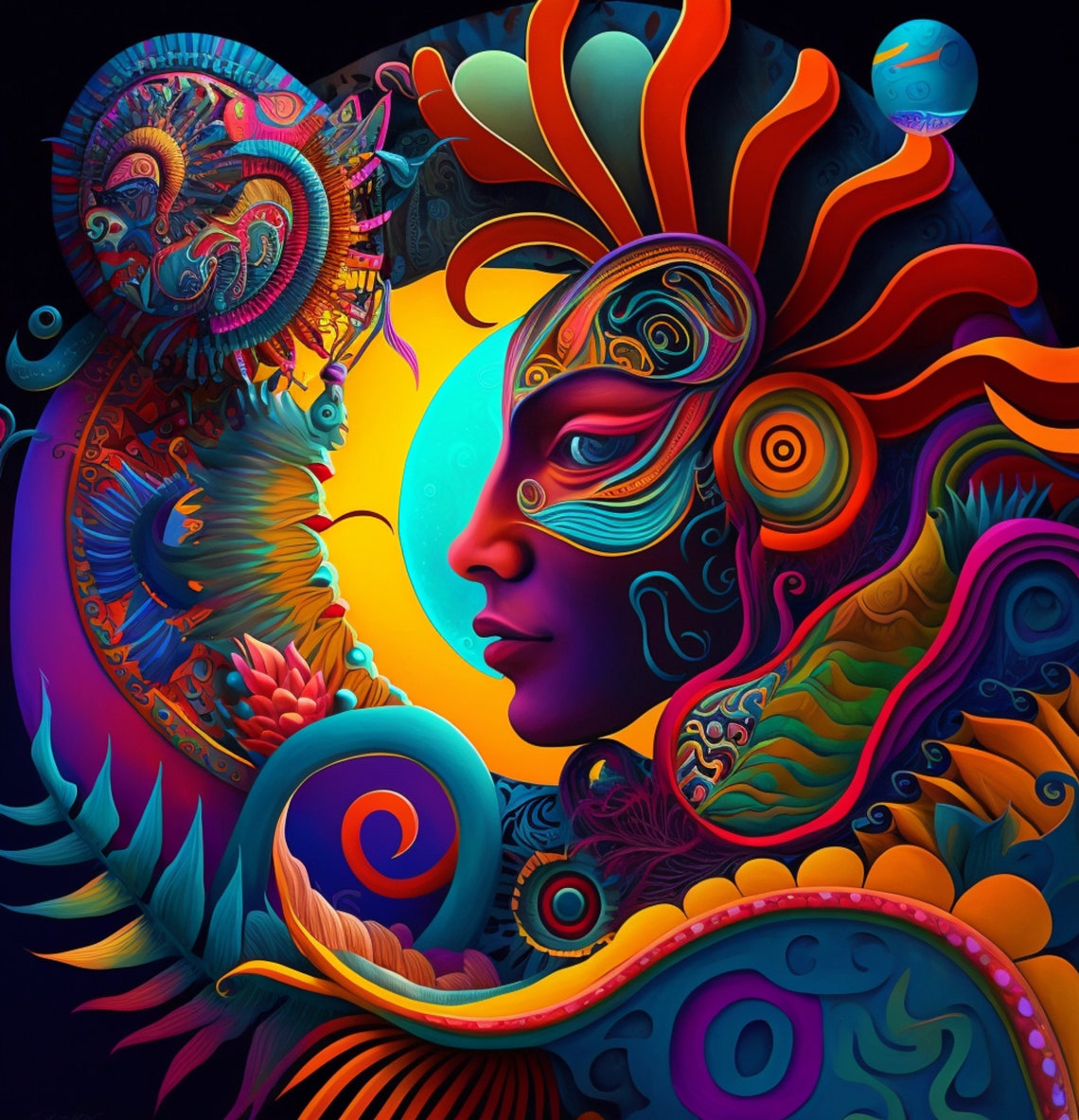 Psychedelic Mesoamerican Goddess Profile in Neon Color Poster - Image 2