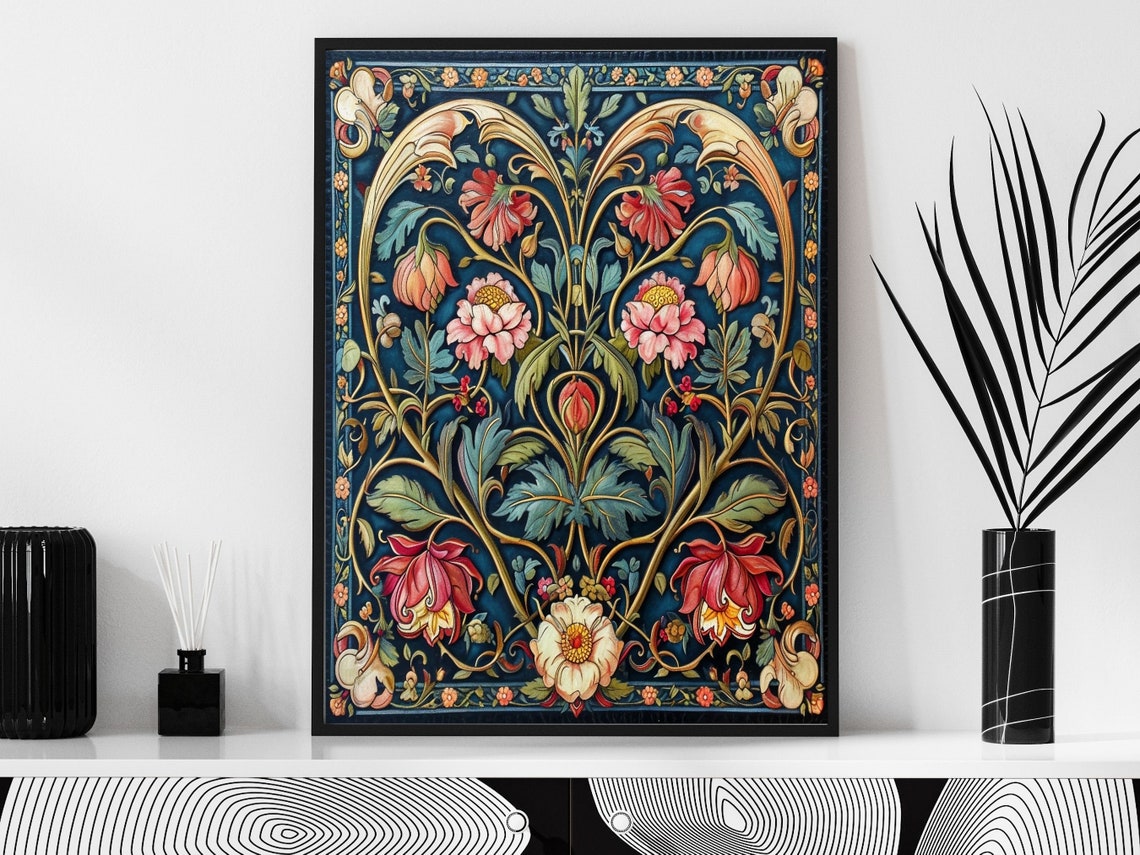 Heart Shaped Floral Tapestry In William Morris Style On Navy Wall Art - Image 5