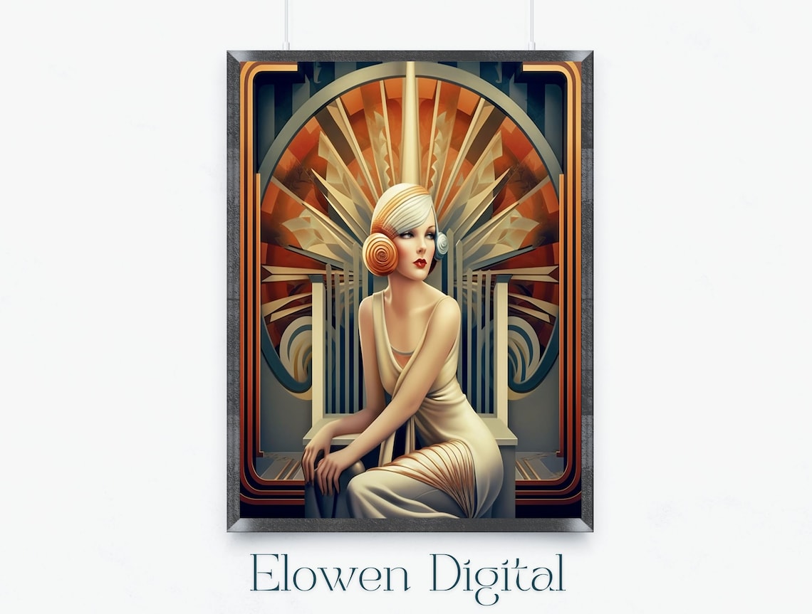 Art Deco Woman in Silver Gown Golden Sunburst 1920s Fashion Poster