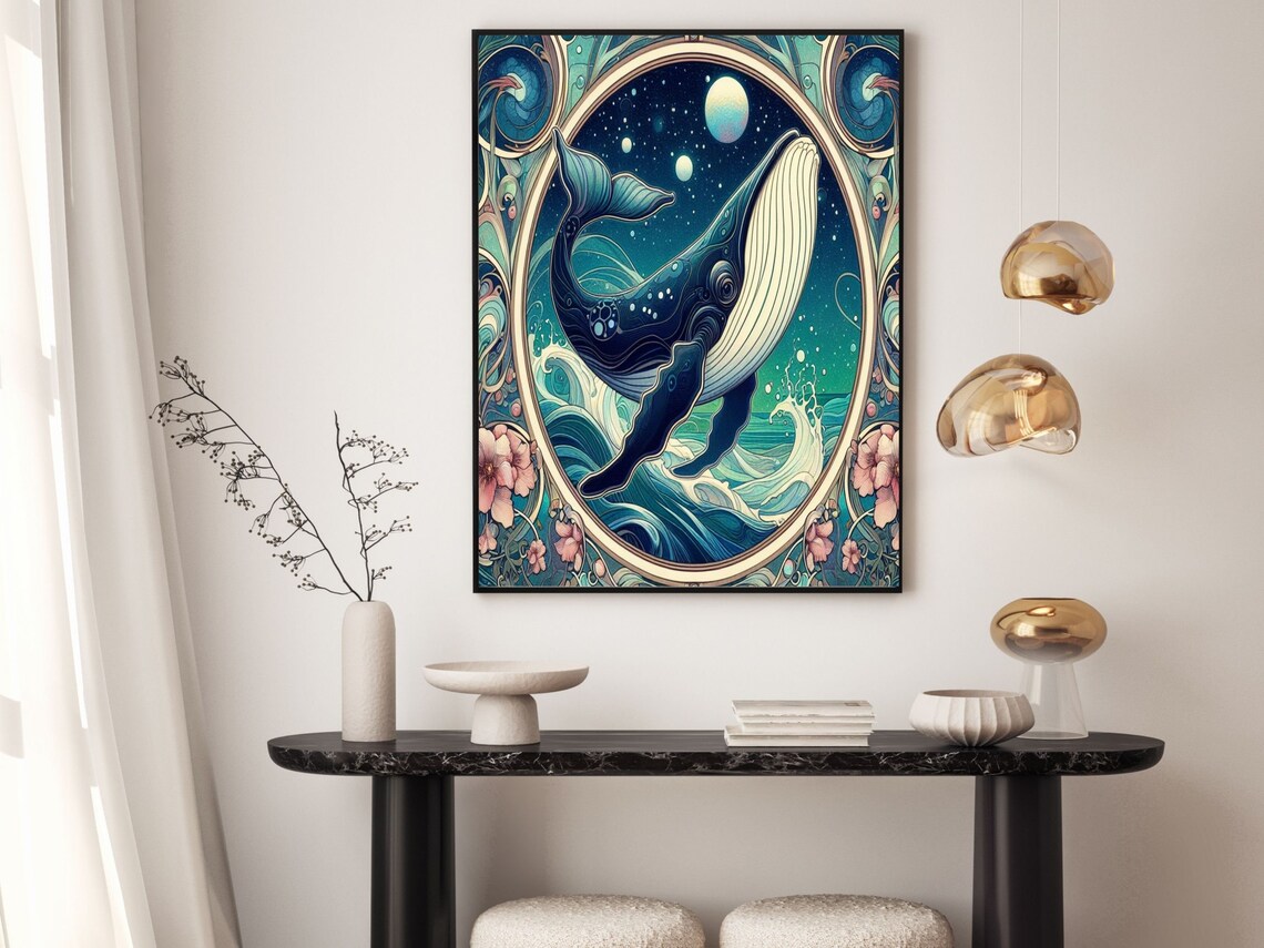 Art Nouveau Humpback Whale Moonlit Ocean Night Blue Sea Wall Art - Image 6