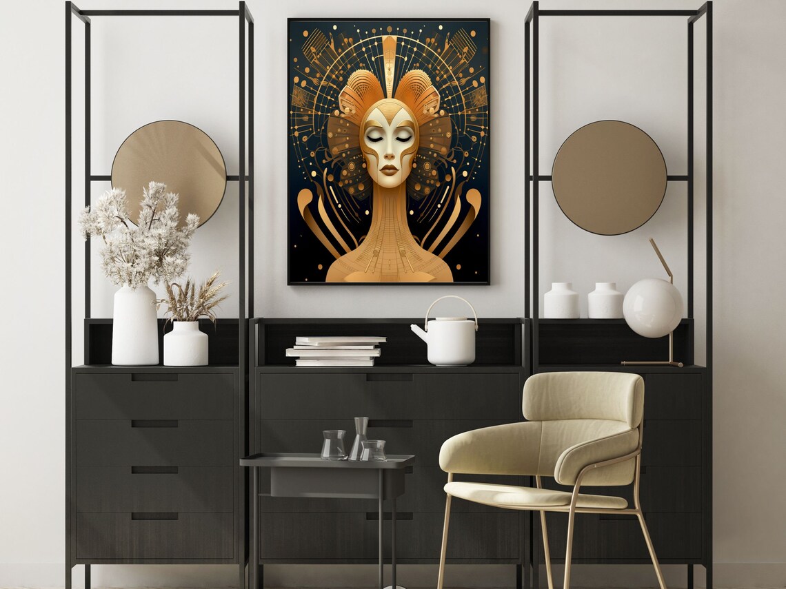 Golden Art Deco Woman Portrait with Radiant Sunburst Art Poster - Image 3