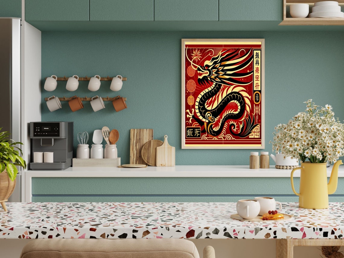Art Deco Red And Gold Chinese Dragon With Traditional Seals Poster - Image 4