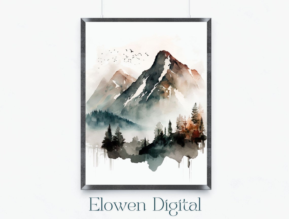 Soft Watercolor Misty Mountain Peaks With Birds And Forest Poster