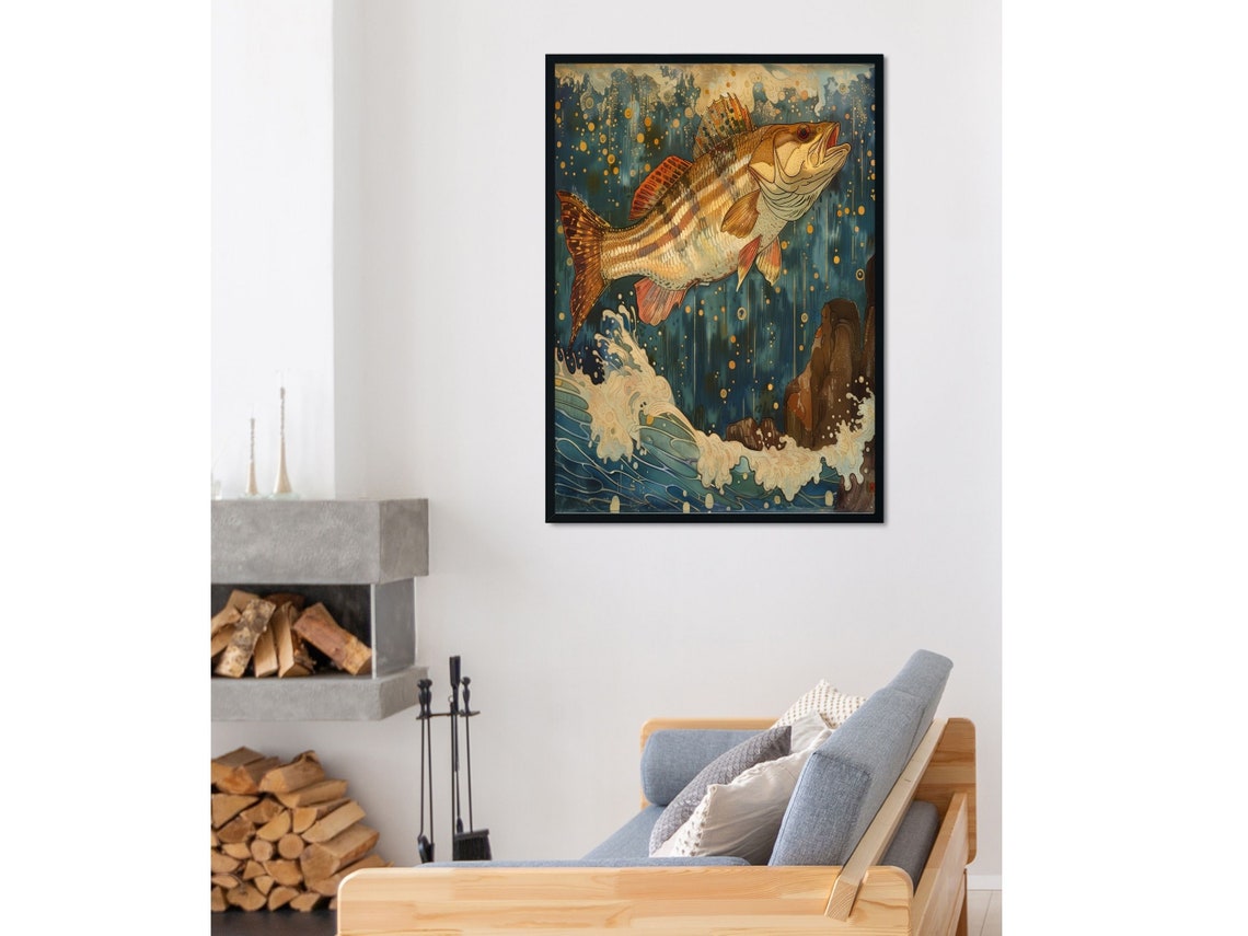 Art Nouveau Fish Wall Art Retro Salmon Decor Poster Trout Jumping Out Of The Water Wall Hanging Striped Bass Original Art - Image 4