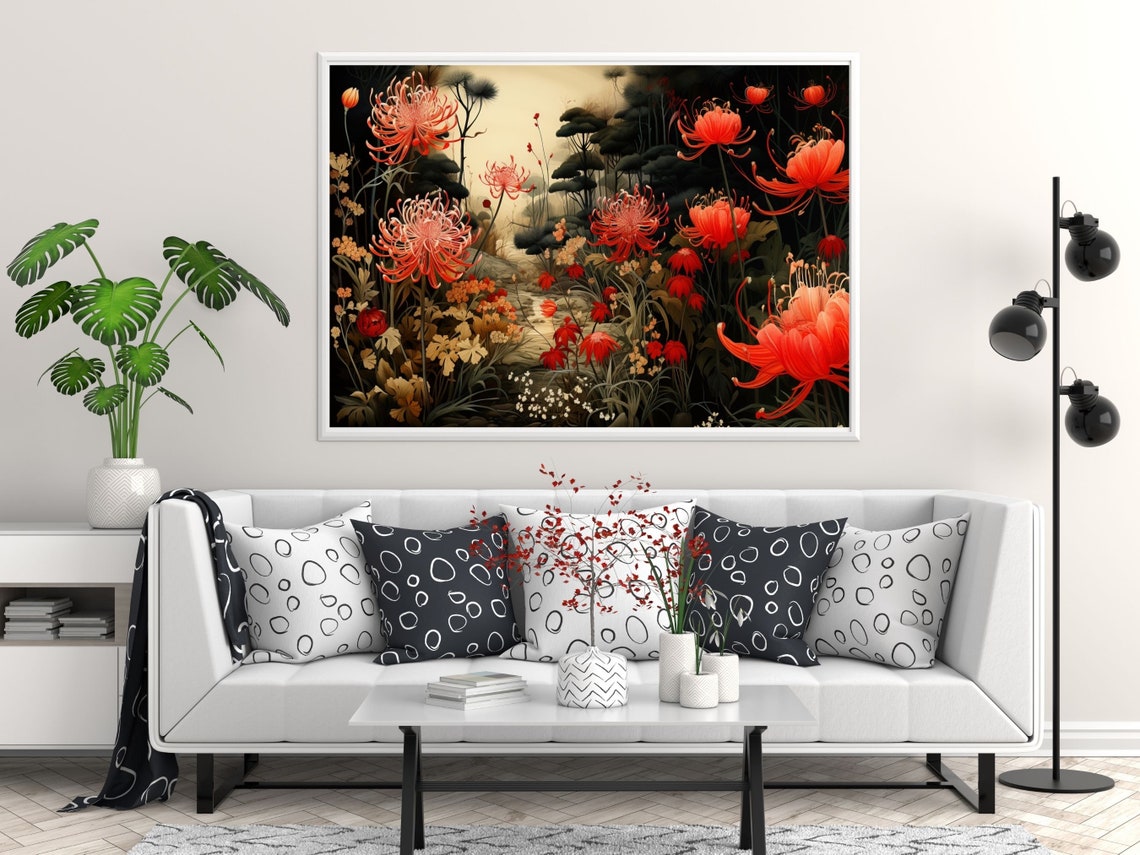Japanese Style Red Chrysanthemums In Dark Moody Garden Poster - Image 5