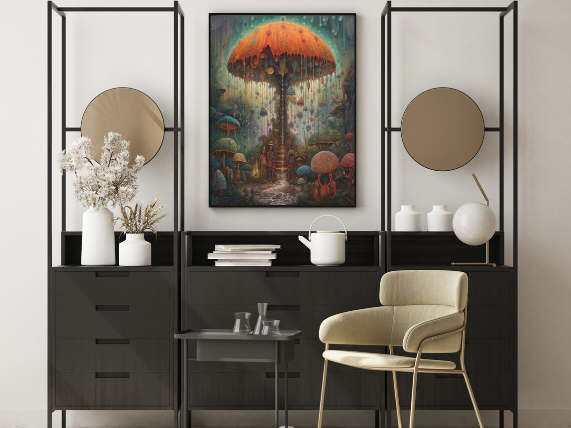 Magical Mushroom Umbrella Fairy Forest Rain Fantasy Art Poster - Image 5