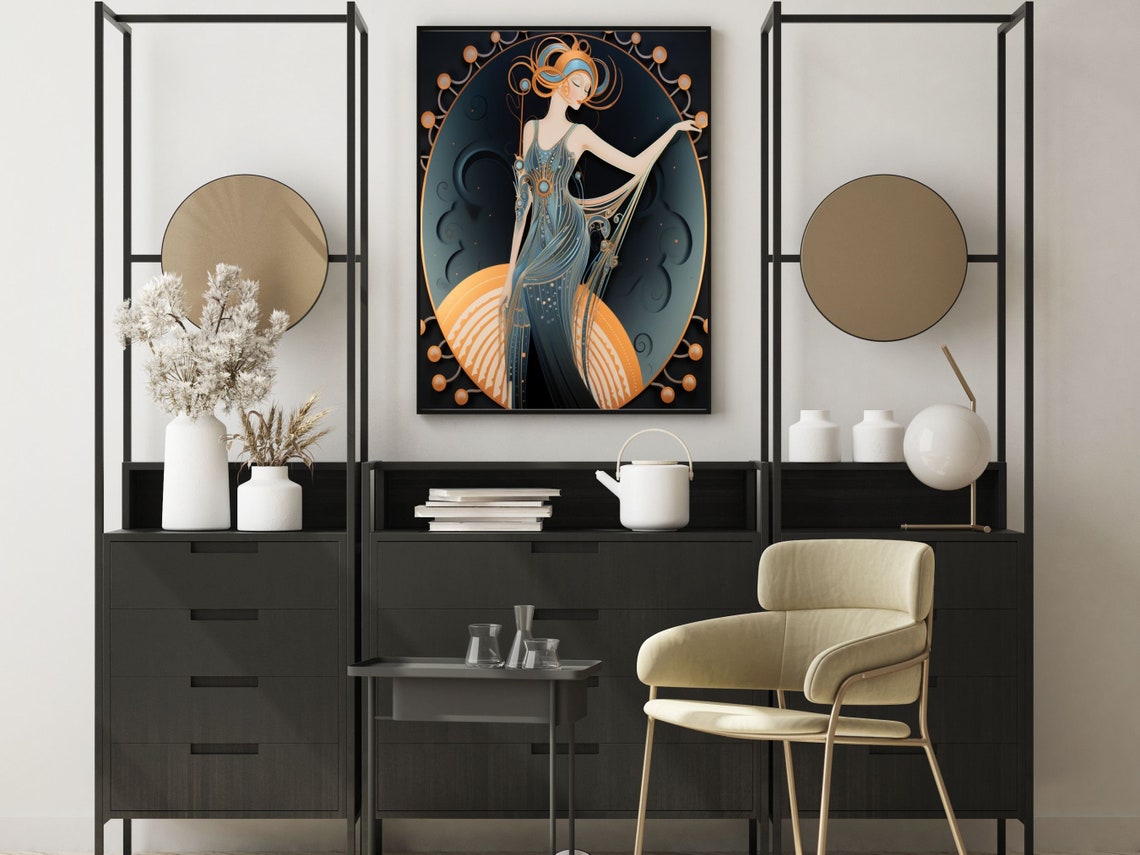 Art Deco Woman In Blue Gown With Crescent Moon Scene Wall Art - Image 5